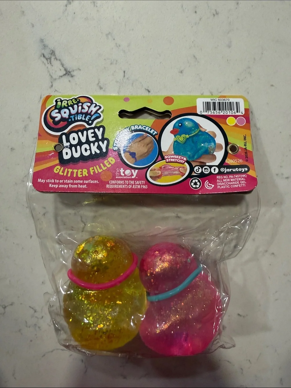 Brand New 2026 Ja-Ru Irre-Squish-Tible Lovey Ducky 2-Pack - Pink & Yellow